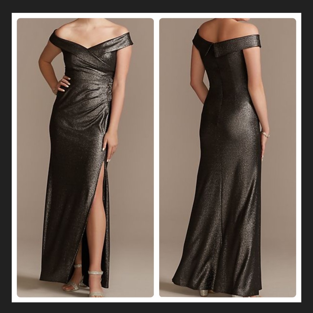 OLEG CASSINI beaded ruched metallic off-shoulder sheath gown